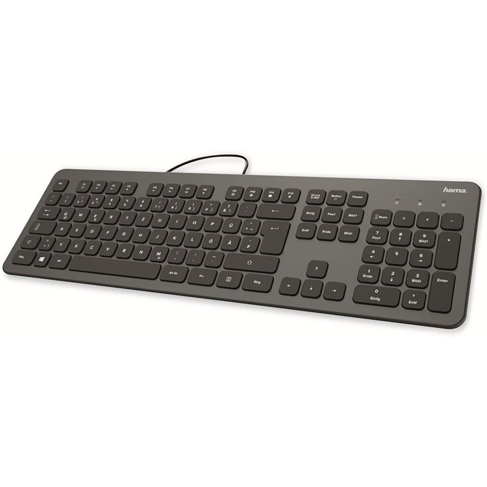 Hama Keyboard with cable KC-700 (QWERTZ layout, wired ergonomic keyboard, slim keyboard with USB A port, wired keyboard for Windows and Mac, cable