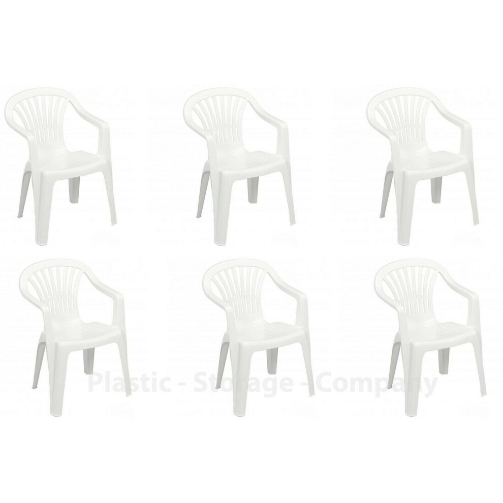 (White, 6 Chairs) Plastic Garden Chairs Low Back Seat Patio Partying