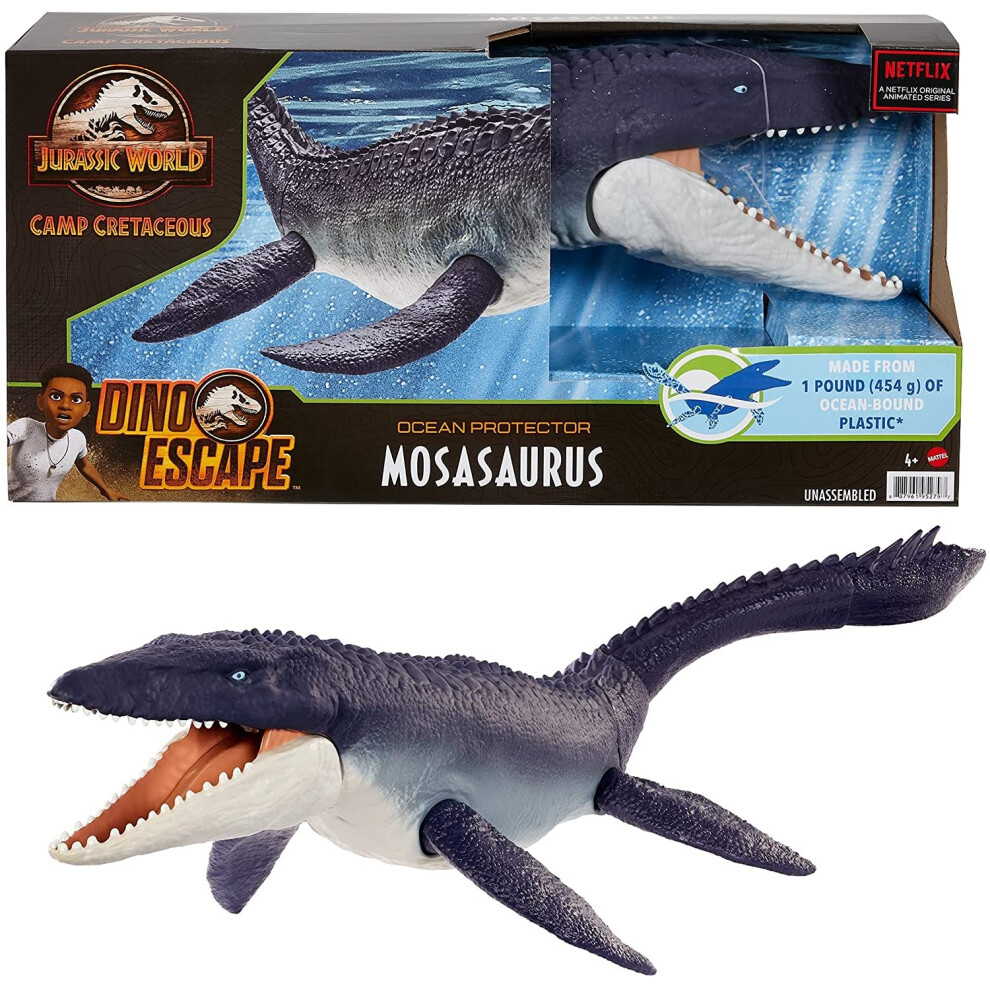 Jurassic World Ocean Protector Mosasaurus Dinosaur Action Figure Sculpted with Movable Joints Made from 1 Pound of Oceanbound Plastic