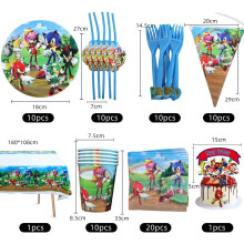 (8 PCS Set) Sonic Cake Topper Banner Cups Plates Balloons Birthday Party Supplies Set