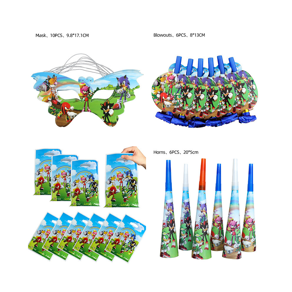 (5 PCS Set) Sonic Cake Topper Banner Cups Plates Balloons Birthday Party Supplies Set