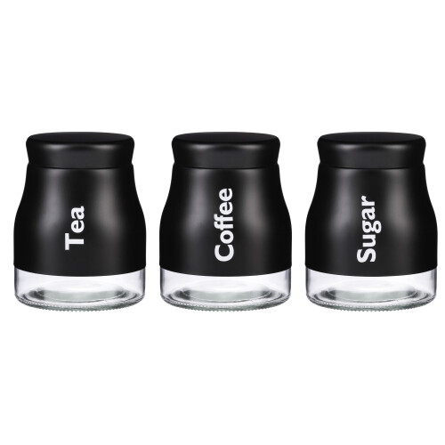 Set of 3 Matt Black Glass Tea Coffee Sugar Kitchen Storage Jars 900ml