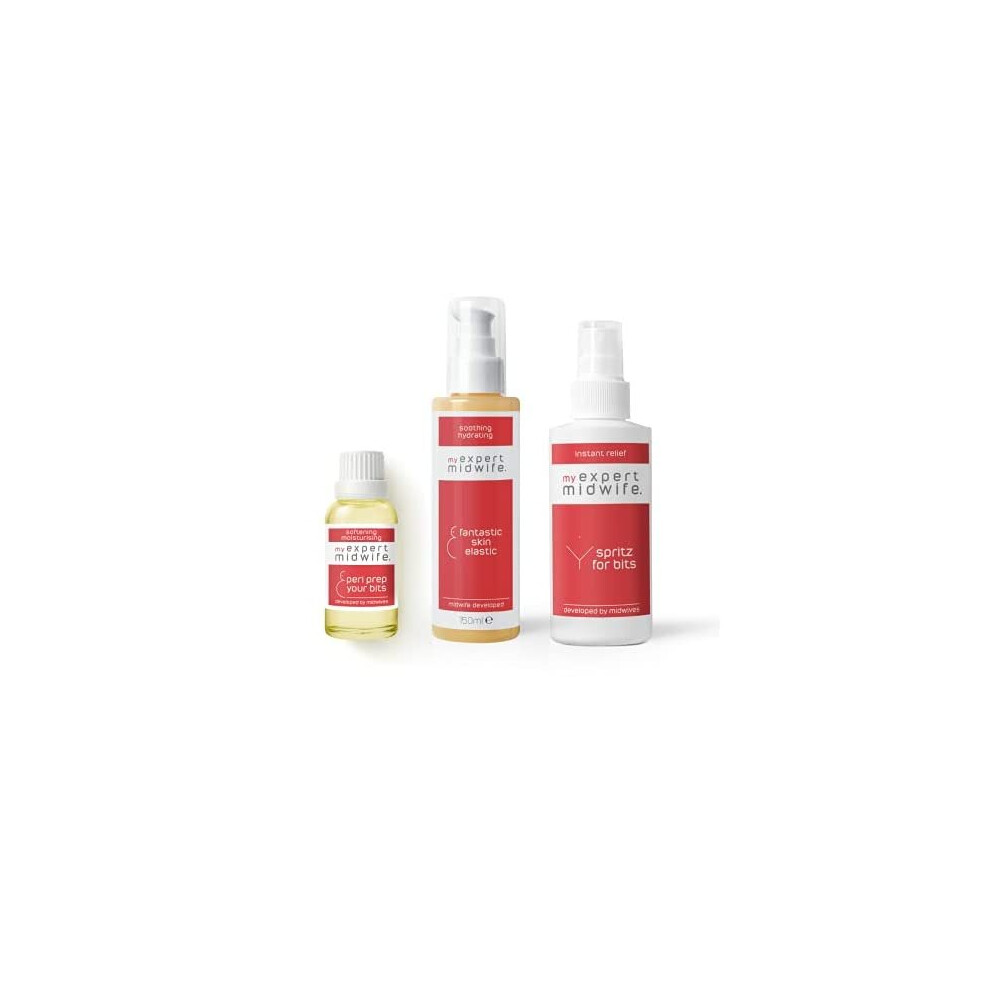 My Expert Midwife Pregnancy And Birth Essentials - With Fantastic Skin Elastic Stretch Mark Cream, Peri Prep Perineal Massage Oil And Spritz For