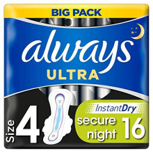 Always Ultra Secure Night Sanitary Towels with Wings Size 4 Big Pack (16 Pieces) Ultra Thin and Extra Absorbent, Odour Neutralising with SecureGu