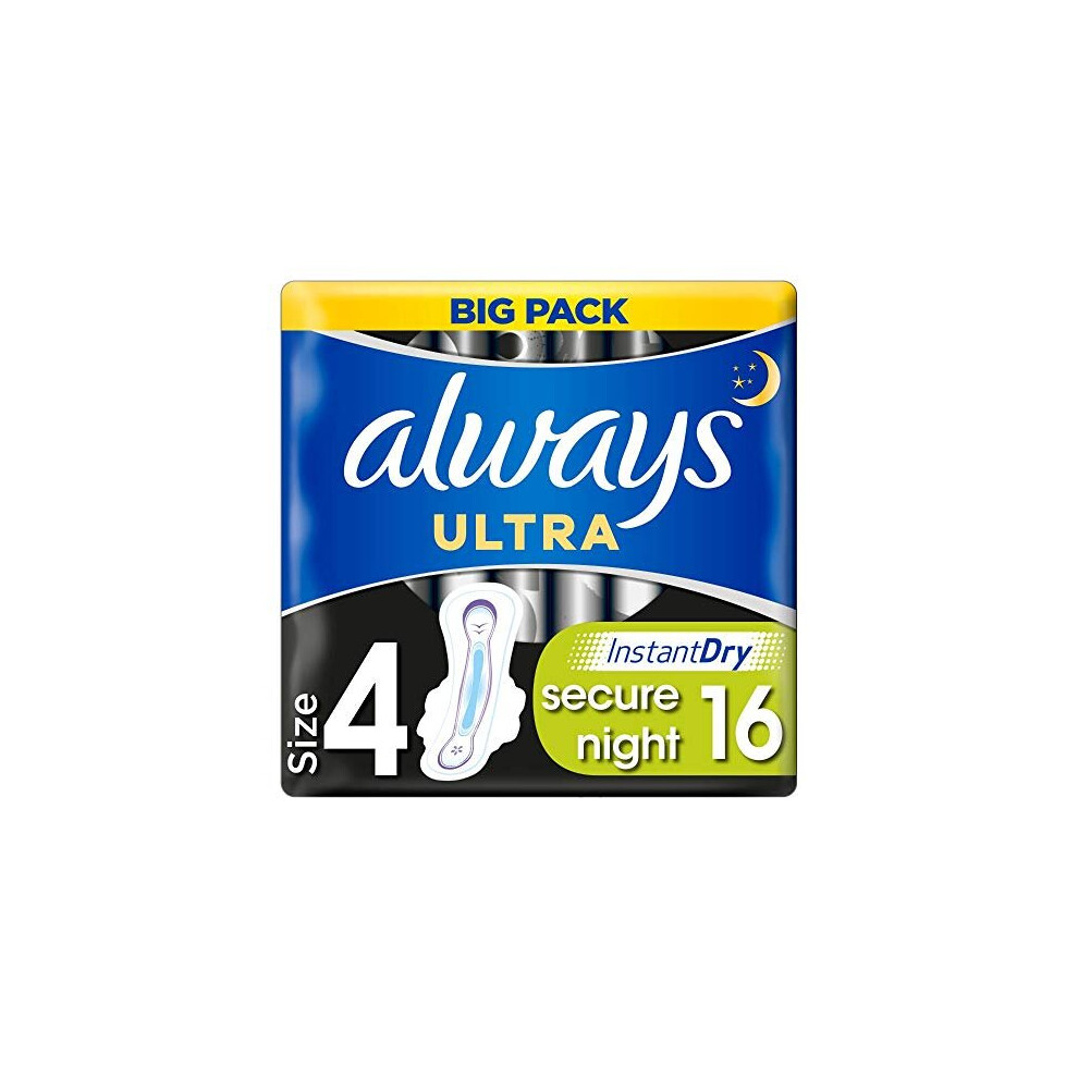 Always Ultra Secure Night Sanitary Towels with Wings Size 4 Big Pack (16 Pieces) Ultra Thin and Extra Absorbent, Odour Neutralising with SecureGu