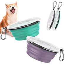 Pawaboo Collapsible Dog Bowls 2 Pack, Silicone Feeding Watering Bowls with Lids & Carabiners for Dogs Cats, Portable Collapsable Water Feeder Foo