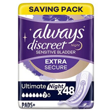 Always Discreet Incontinence Pads Plus Women, Ultimate Night, 48 High Absorbency Pads (12 x 4 Packs), Odour Neutraliser, SAVING PACK, for Sensiti
