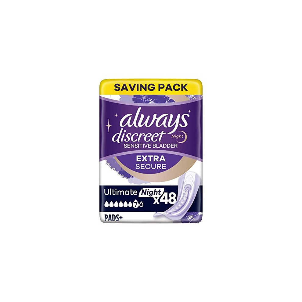 Always Discreet Incontinence Pads Plus Women, Ultimate Night, 48 High Absorbency Pads (12 x 4 Packs), Odour Neutraliser, SAVING PACK, for Sensiti