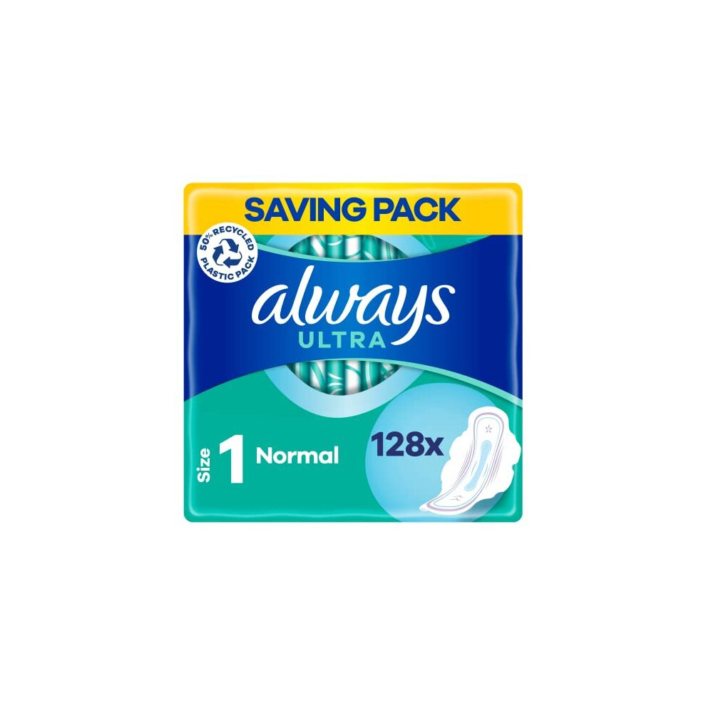 Always Ultra Sanitary Towels with Wings, Size 1, Normal, 128 Towels (32 x 4 packs), SAVING PACK, Odour Neutraliser, Super Absorbent Core