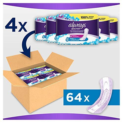 Always Always Discreet Incontinence Pads for Women, Long, Saving Pack 64 High Absorbency Pads 1