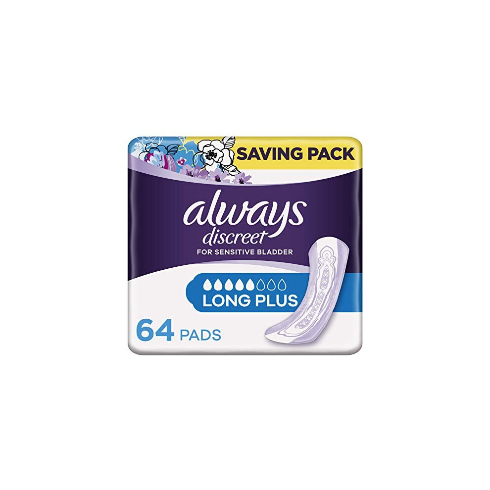 Always Discreet Incontinence Pads for Women, Long, Saving Pack 64 High Absorbency Pads