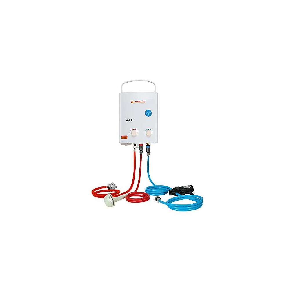 CAMPLUX AY132P43 5L Portable Gas Water Heater with 4.3L Water Pump 12V,Tankless LP Gas Boiler with Folding Handle,Use for Outdoor Camping Shower