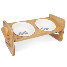Navaris Adjustable Dog Bowl Station - Raised Bamboo Stand with Twin Ceramic Bowls for Feeding Small, Medium Dogs, Cats, Pets - Elevated Food Stan