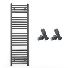 (With Angled Valves, 400 x 1200mm (BTU: 1775)) 400mm Wide Anthracite Towel Rail Radiator + Valves