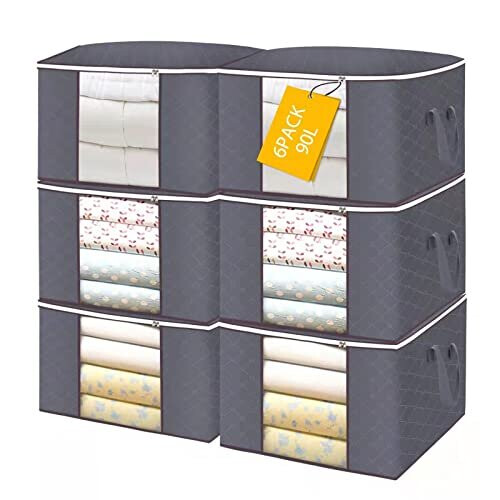 YearningHome 6Pack 90L Large Capacity Clothes Storage Bags Solution Organizer for Clothes, Duvets, Comforters, Blankets, Bedding with Zip and Cle