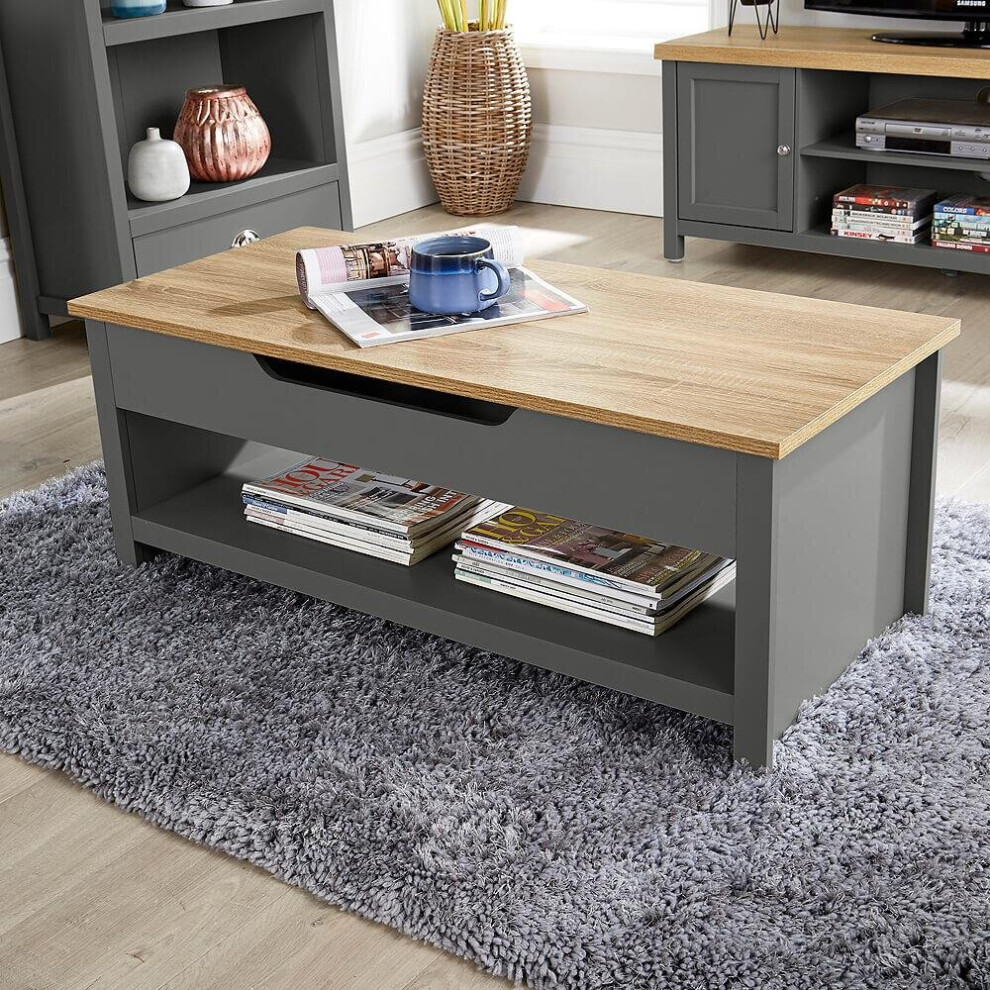 Coffee Table Lift Up Dark Grey Oak Occasional Reception Storage Shelf