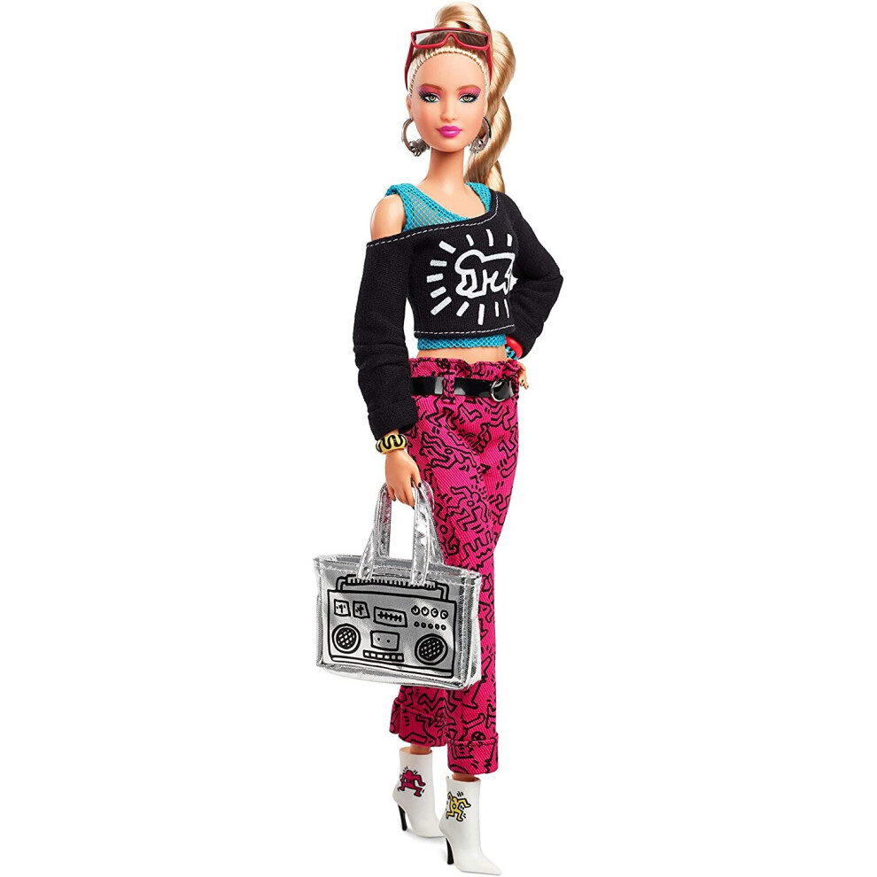 Barbie FXD87 Keith Haring Signature Collection Doll, Blonde Hair, Graphic Fashion with Boom Box Purse