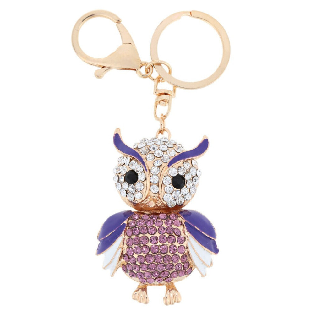 (Purple) Jewelry Hollow Alloy Vintage Shinning Rhinestone Owl Pendant Key Ring Chain