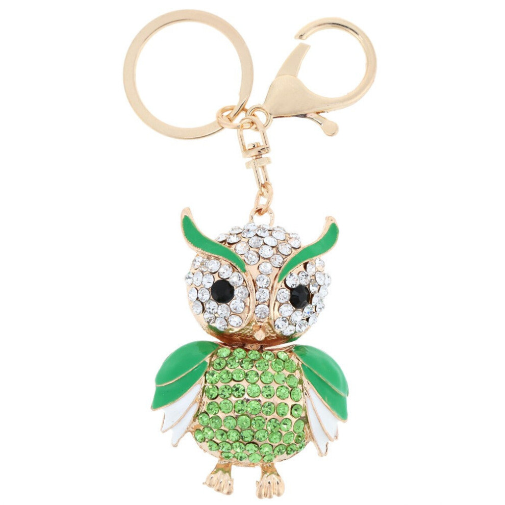 (Green) Jewelry Hollow Alloy Vintage Shinning Rhinestone Owl Pendant Key Ring Chain