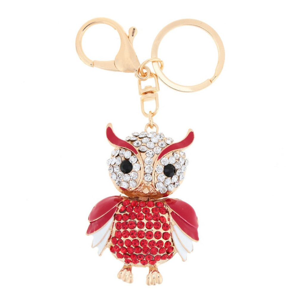 (Red) Jewelry Hollow Alloy Vintage Shinning Rhinestone Owl Pendant Key Ring Chain