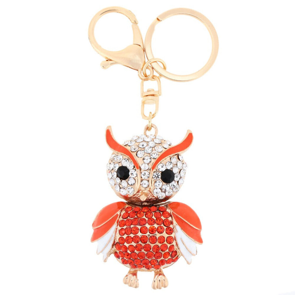 (Orange) Jewelry Hollow Alloy Vintage Shinning Rhinestone Owl Pendant Key Ring Chain