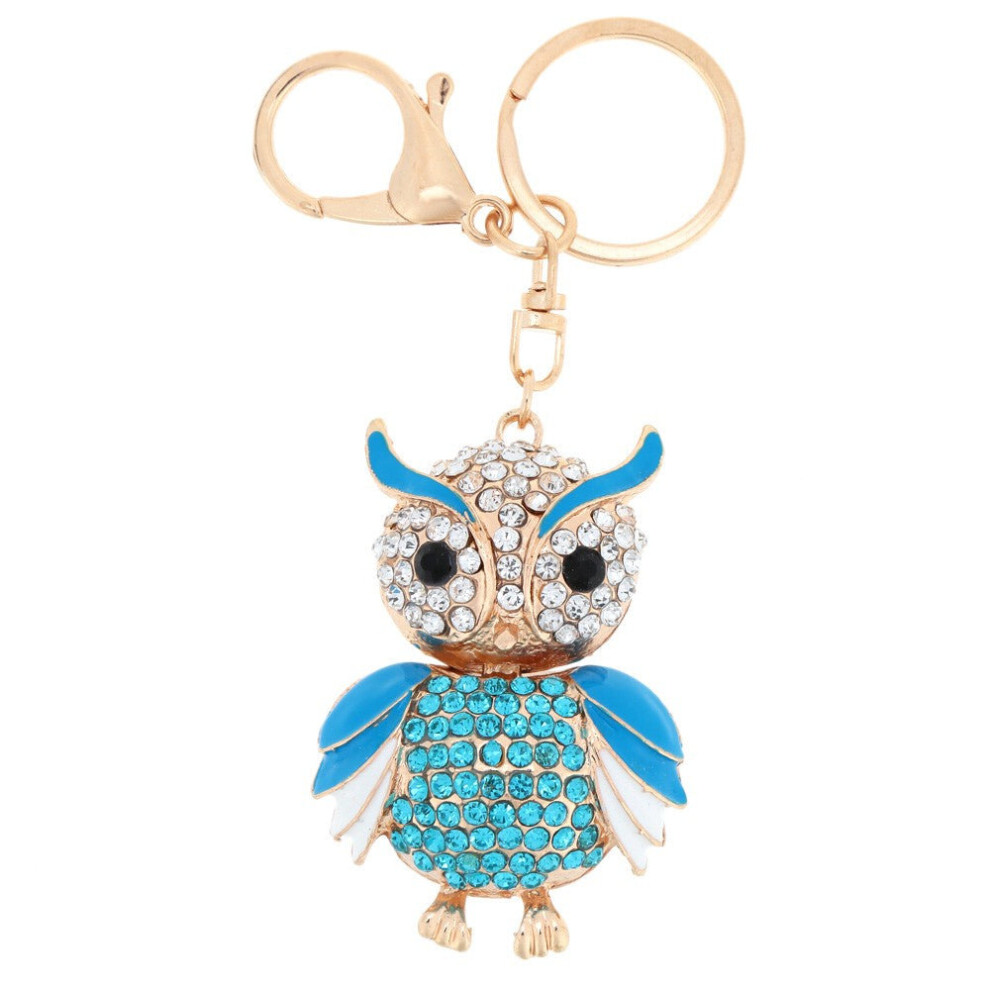 (Blue) Jewelry Hollow Alloy Vintage Shinning Rhinestone Owl Pendant Key Ring Chain