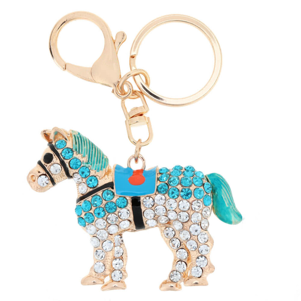 (Blue) Jewelry Hollow Shinning Rhinestone Aureate Horse Pendant Key Ring Chain