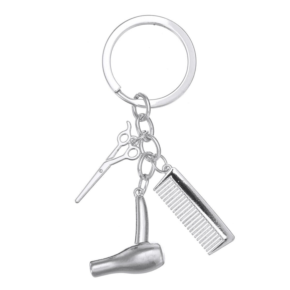 (Silver) Creative Keychain Alloy Stylist Hair Dryer Scissor Comb Dangle Pendant Key Ring Artware Gift