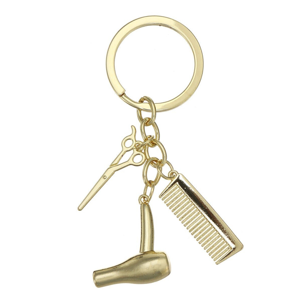 (Gold) Creative Keychain Alloy Stylist Hair Dryer Scissor Comb Dangle Pendant Key Ring Artware Gift