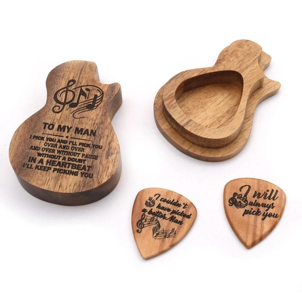 Wooden Guitar Pick Box Holder Collector with 2 PCS Wood Picks Accessories