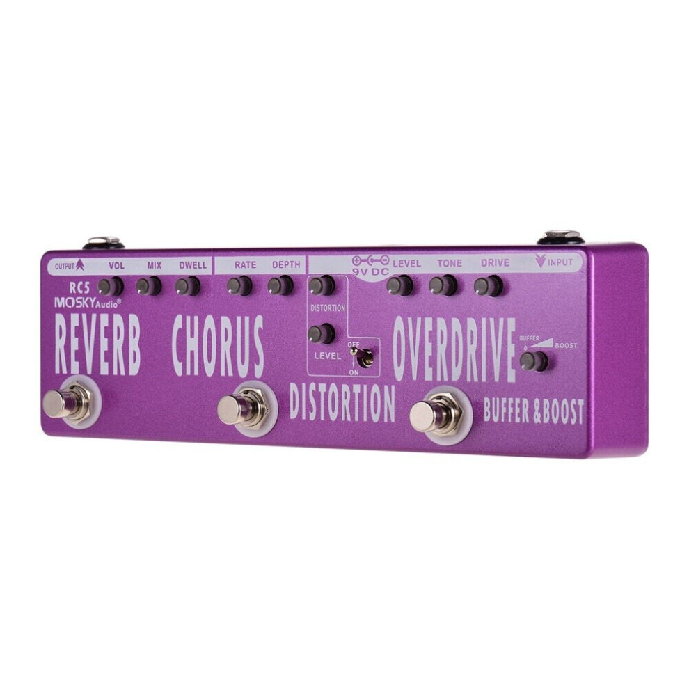 6-in-1 Guitar Effects Pedal Reverb Chorus Distortion Overdrive Booster Buffer Full Metal Shell with True Bypass