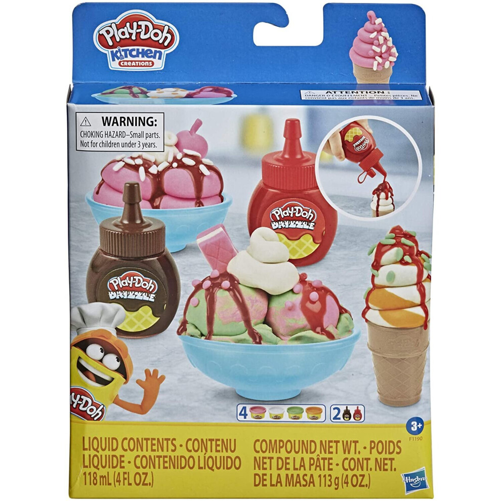 Play-Doh Kitchen Creations Double Drizzle Ice Cream Playset for Children 3 Years and Up with 2 Play-Doh Drizzle Colours and 4 Classic Pots, Non-Toxic