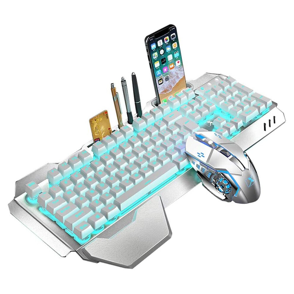 2.4G Mechanical Feel Rechargeable Wireless Keyboard and Mouse Set, 3000 mAh Capacity, LED Backlit Metal Panel Waterproof Ergonomic USB Gaming Keyboard