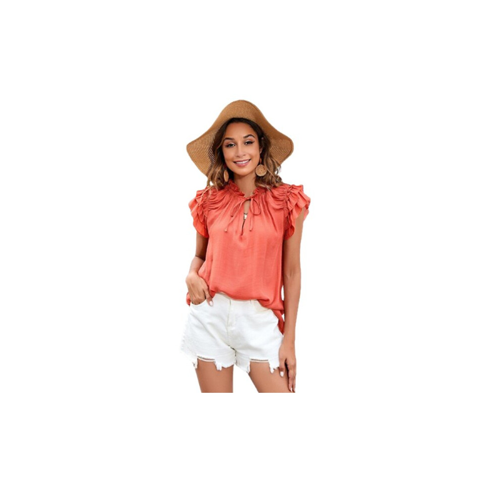 (Red, 2XL (UK 16)) Short Ruffled Sleeve V-Neck Summer Top