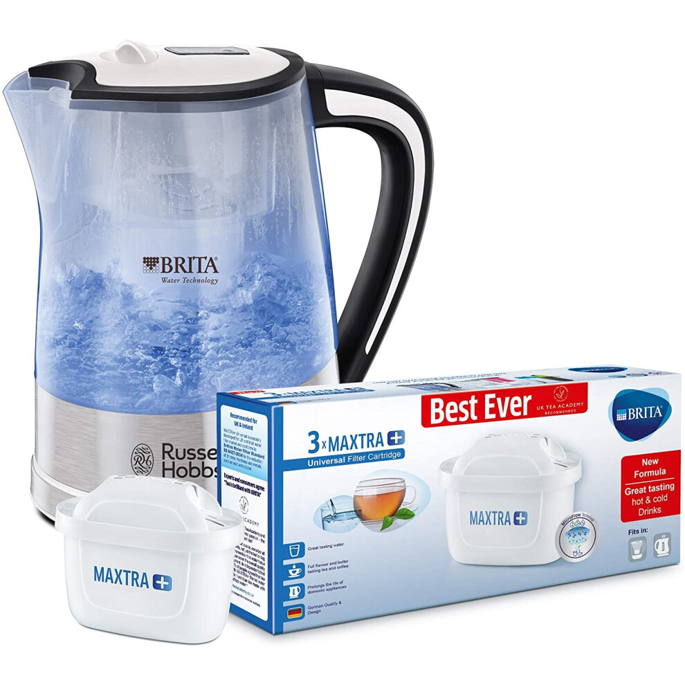 Russell Hobbs 22851 BRITA Filter Purity Kettle, 3000 W, 1 Litre, Transparent with BRITA Maxtra+ Water Filter Cartridges, White, Pack of 3 (UK Version)