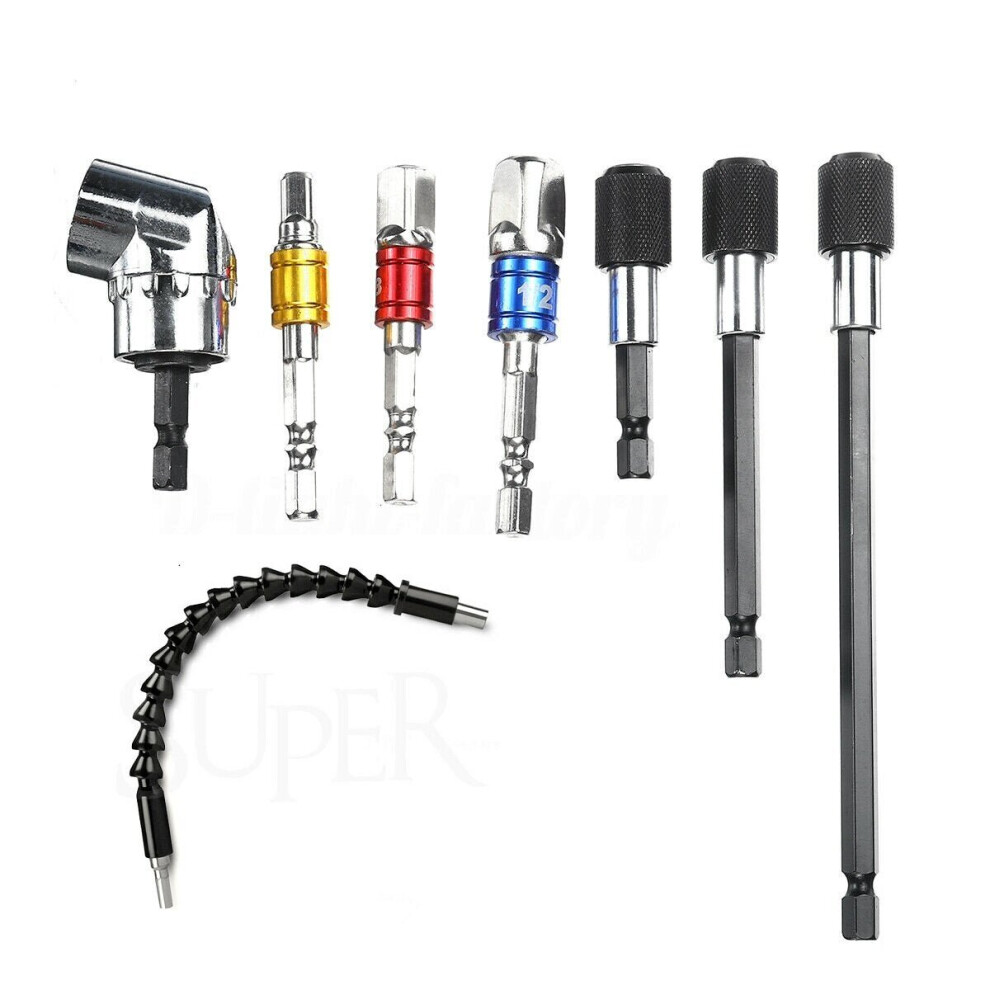 8Pcs Right Angle Extension Drill Flexible 1/4 Inch Hex Shank Shaft Screw Bits Holder 3654659058423