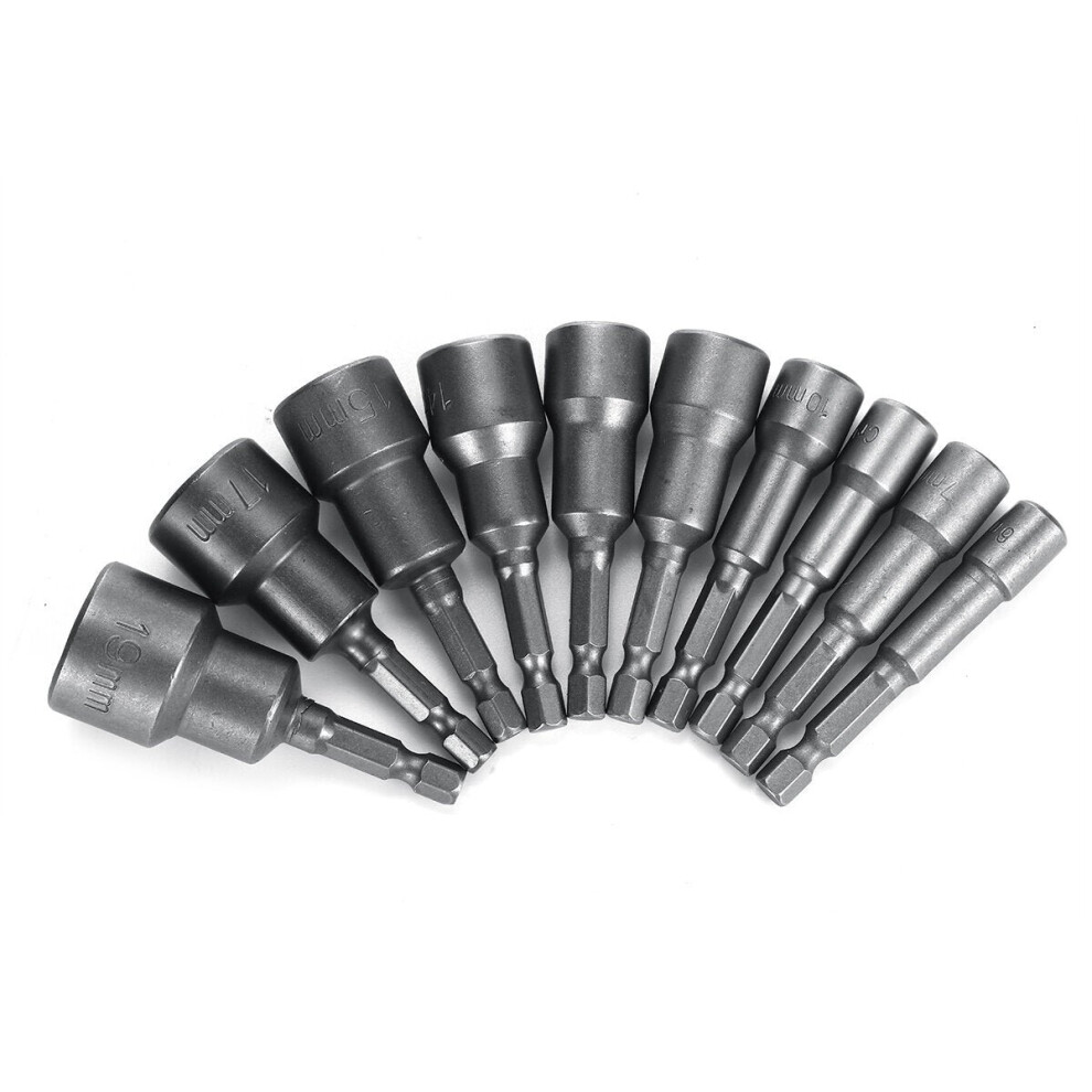 10pcs 1/4 Inch 6-19mm Magnetic Nut Driver Socket Set Metric Impact Drill Bits