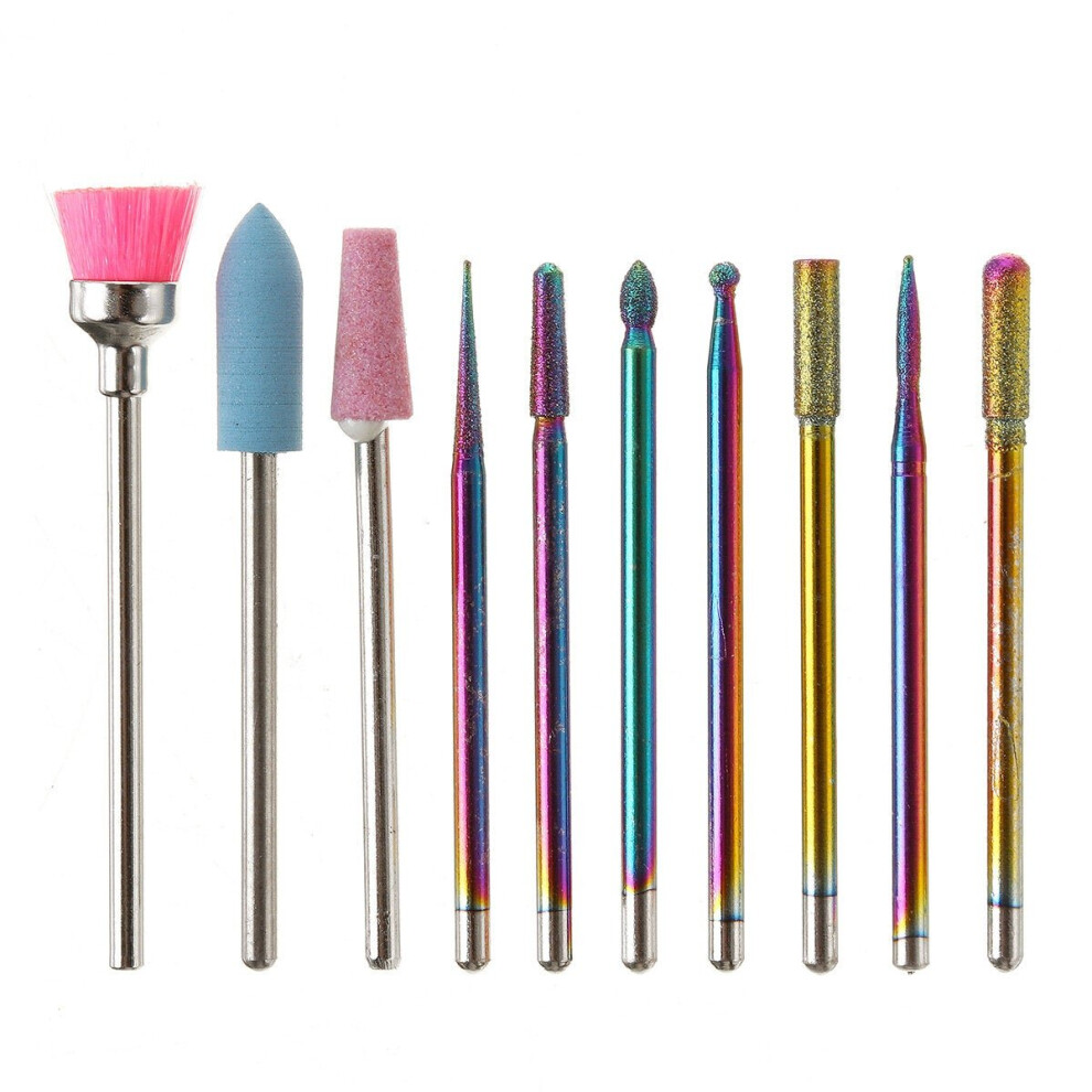 (B) 10pcs Nail Art Color Tungsten Carbide Grinding Drill Bits Electric Nails Machine Bit Grinding Head Set