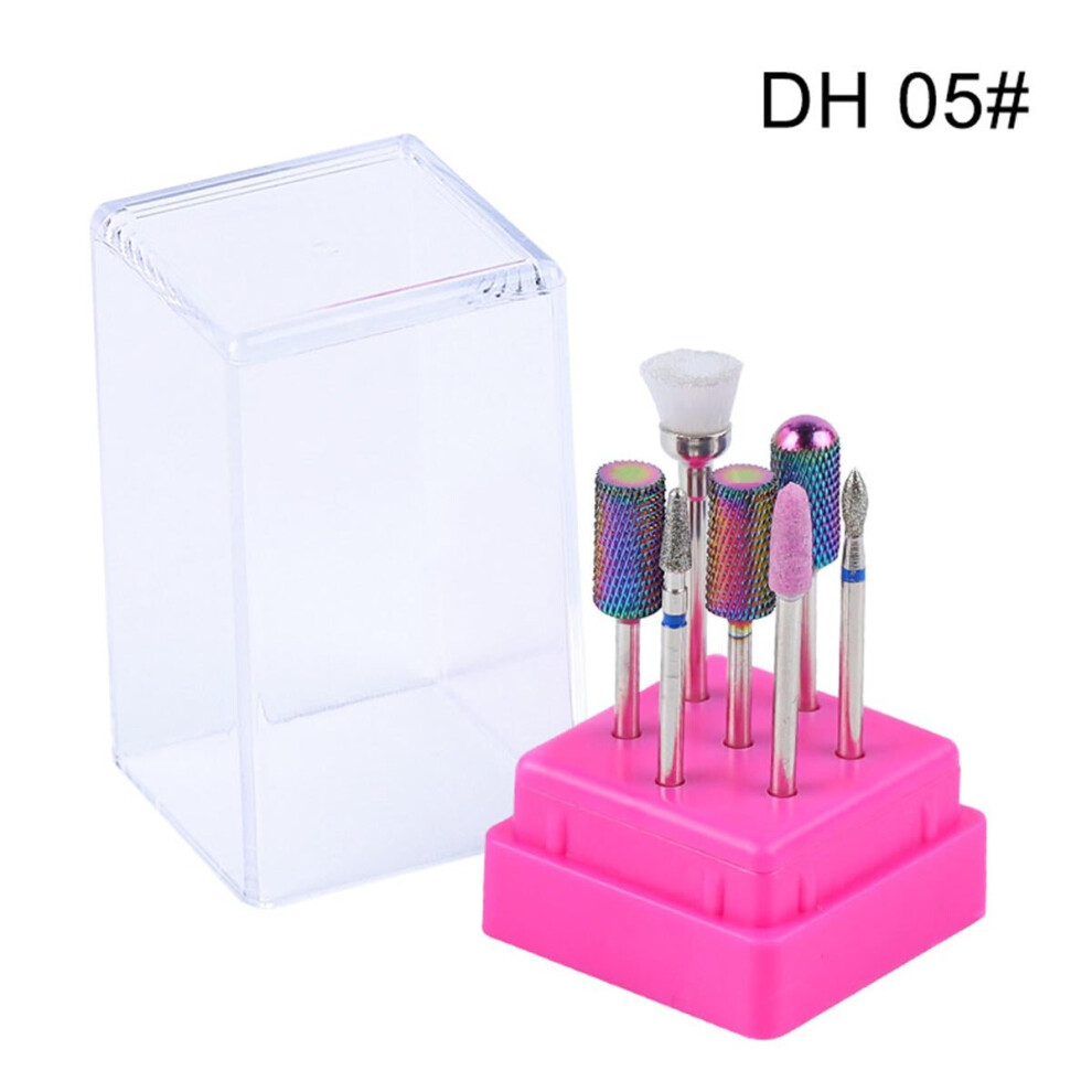 (DH 05#) 7pcs Nail Drill Bits Container Box Grinding Remove UV Gel Auroras Nail Art Design Tools Set