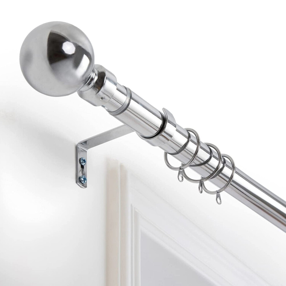 (Chrome - Plain Ball, 70-120 cm (28" -48" In)) Extendable Metal Curtain Poles 28mm With Rings Finials Fittings & Brackets