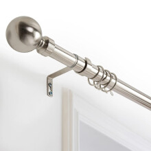 (Brushed Silver - Plain Ball, 70-120 cm (28" -48" In)) Extendable Metal Curtain Poles 28mm With Rings Finials Fittings & Brackets