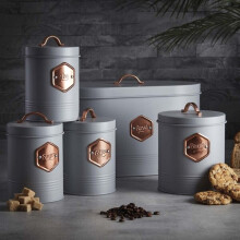 Cooks Professional 5-Piece Kitchen Storage Set Grey/Copper - Bread Bin, Biscuit Tin & Tea, Coffee & Sugar Canisters with Copper Labels