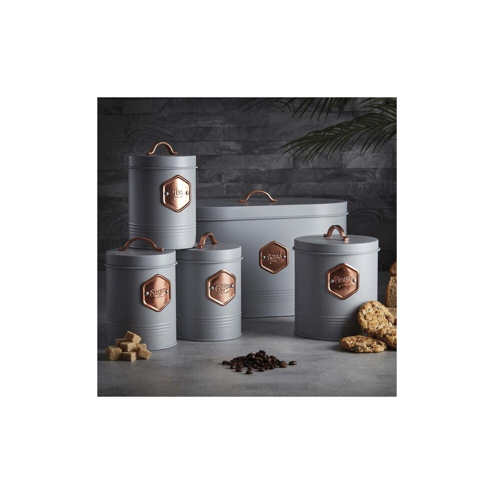 Cooks Professional 5-Piece Kitchen Storage Set Grey/Copper - Bread Bin, Biscuit Tin & Tea, Coffee & Sugar Canisters With Copper Labels