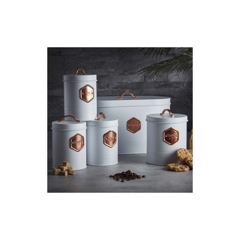 Kitchen Storage Canister Jar Storage Set Bread Bin Sugar Tea Coffee white/Copper