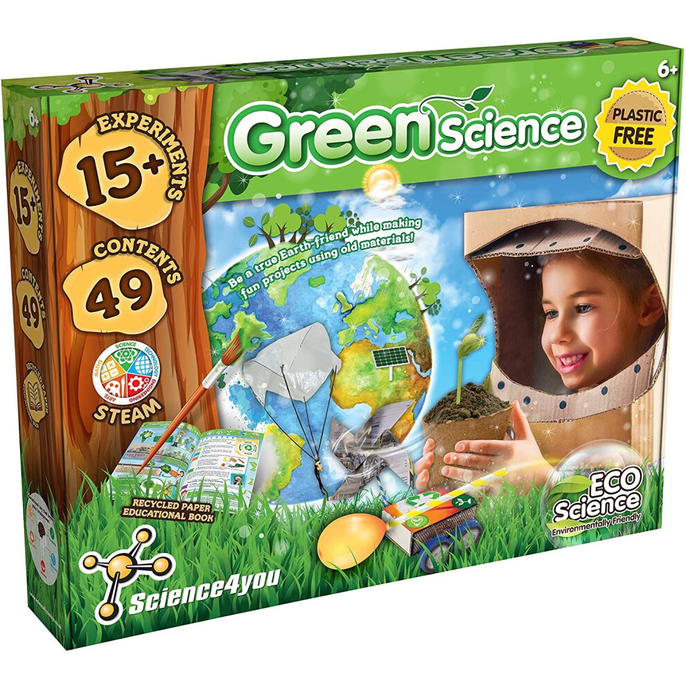 Science 4 You Green Science Kit for Kids Ages 6+ w/ 15+ Science Experiments: Cress Seeds for Kids to Grow, 60pcs Puzzle, Garden Windmill, Rocket