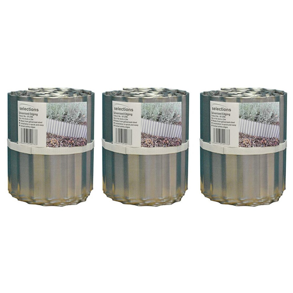 Selections Set Of 3 Galvanised Steel Lawn Edging Rolls (16.5Cm X 5M)