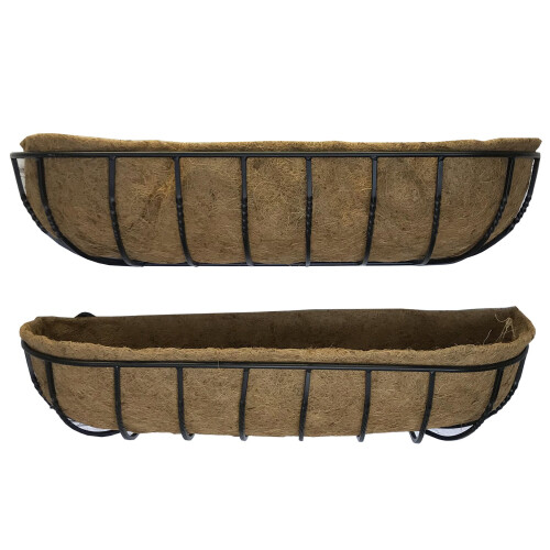 Set of 2 Garden Black Metal Wall Basket Manger Trough Planters (90cm)