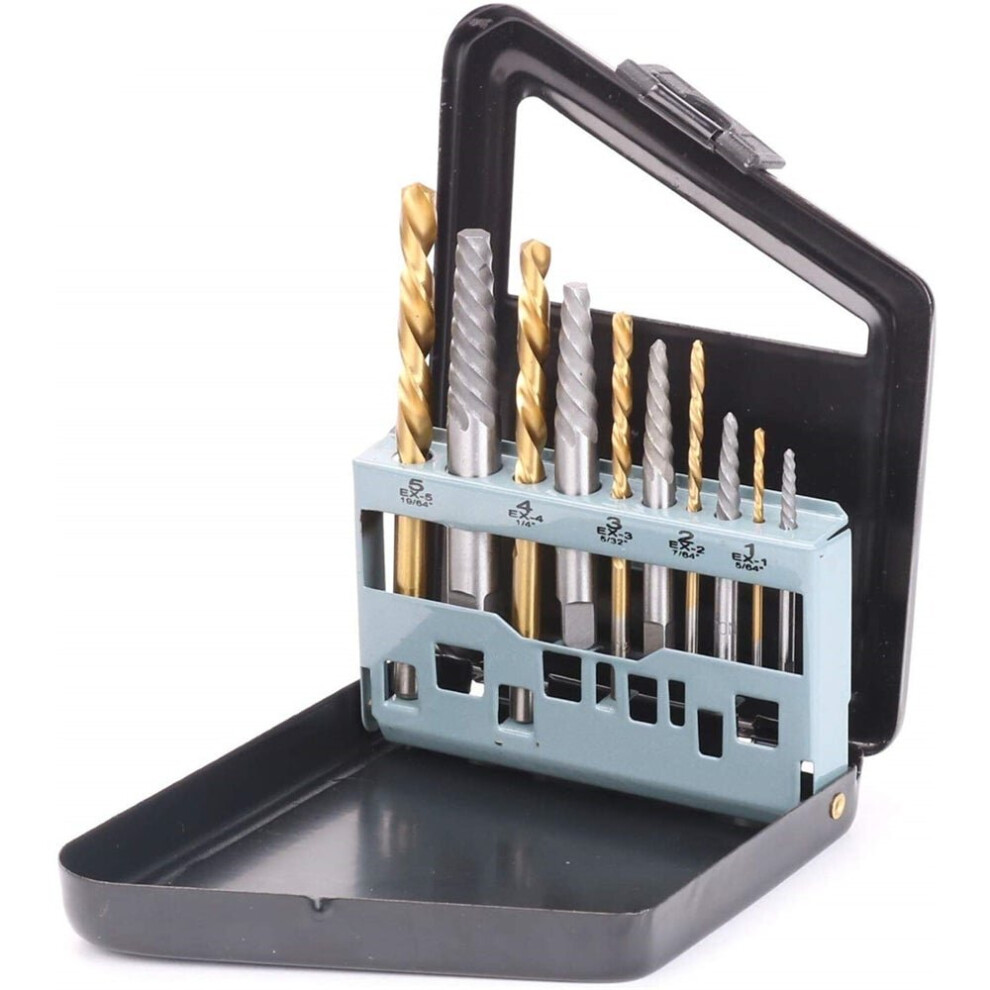 10Pcs HSS EX1-EX5 Damaged Screw Extractor Set and 5/64-19/64 Inch Left Hand Drill Bit Set Easily Remove Stripped or Damaged Screws
