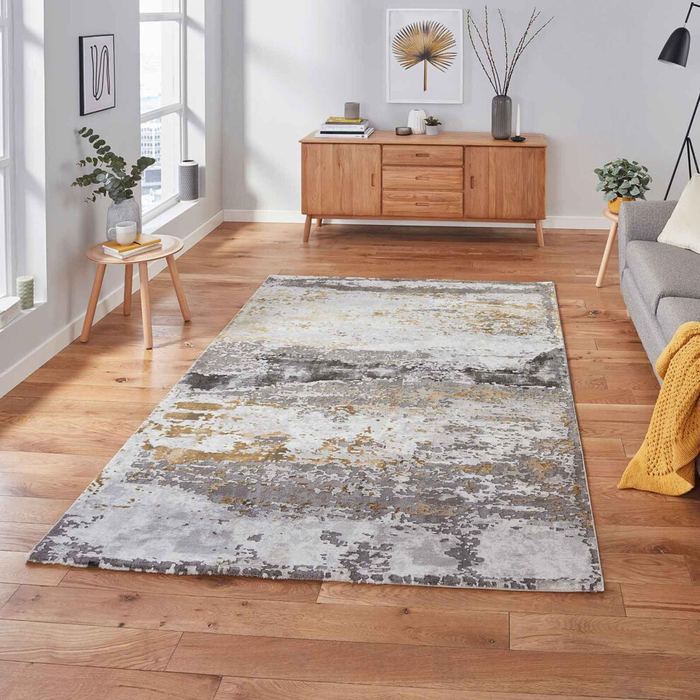 (Grey/Ochre, 200 x 290 cm) Distressed Faded Rugs Modern Scratch pattern Small Large Bedroom Living room Rug