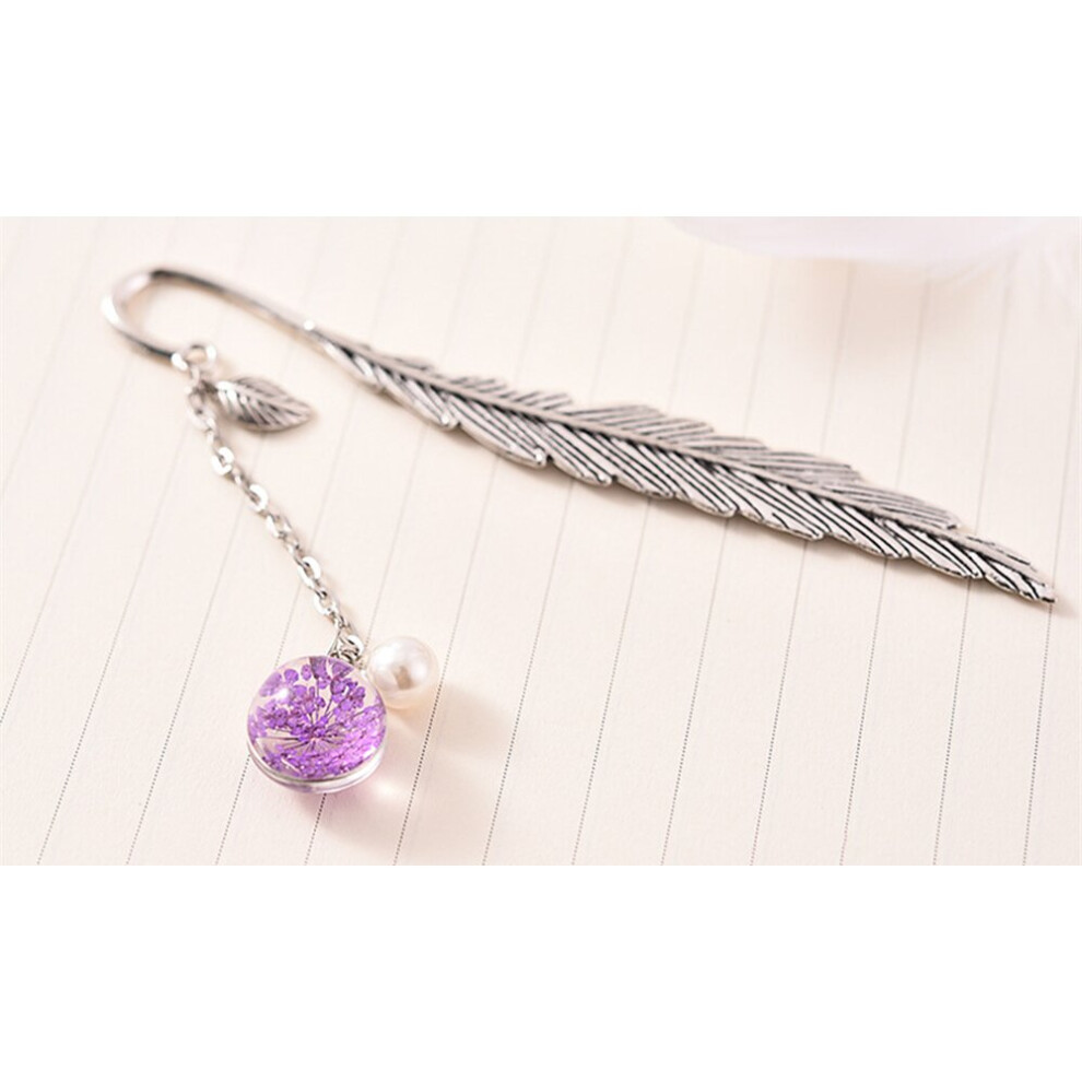 (Purple) Beaded Gypsophila Dried Flower Feather Bookmark